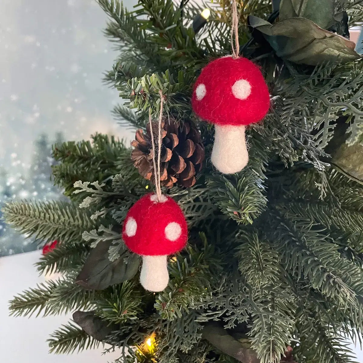 Red Toadstool Mushroom Holiday Eco Wool Ornament - Set of 3: With Bag