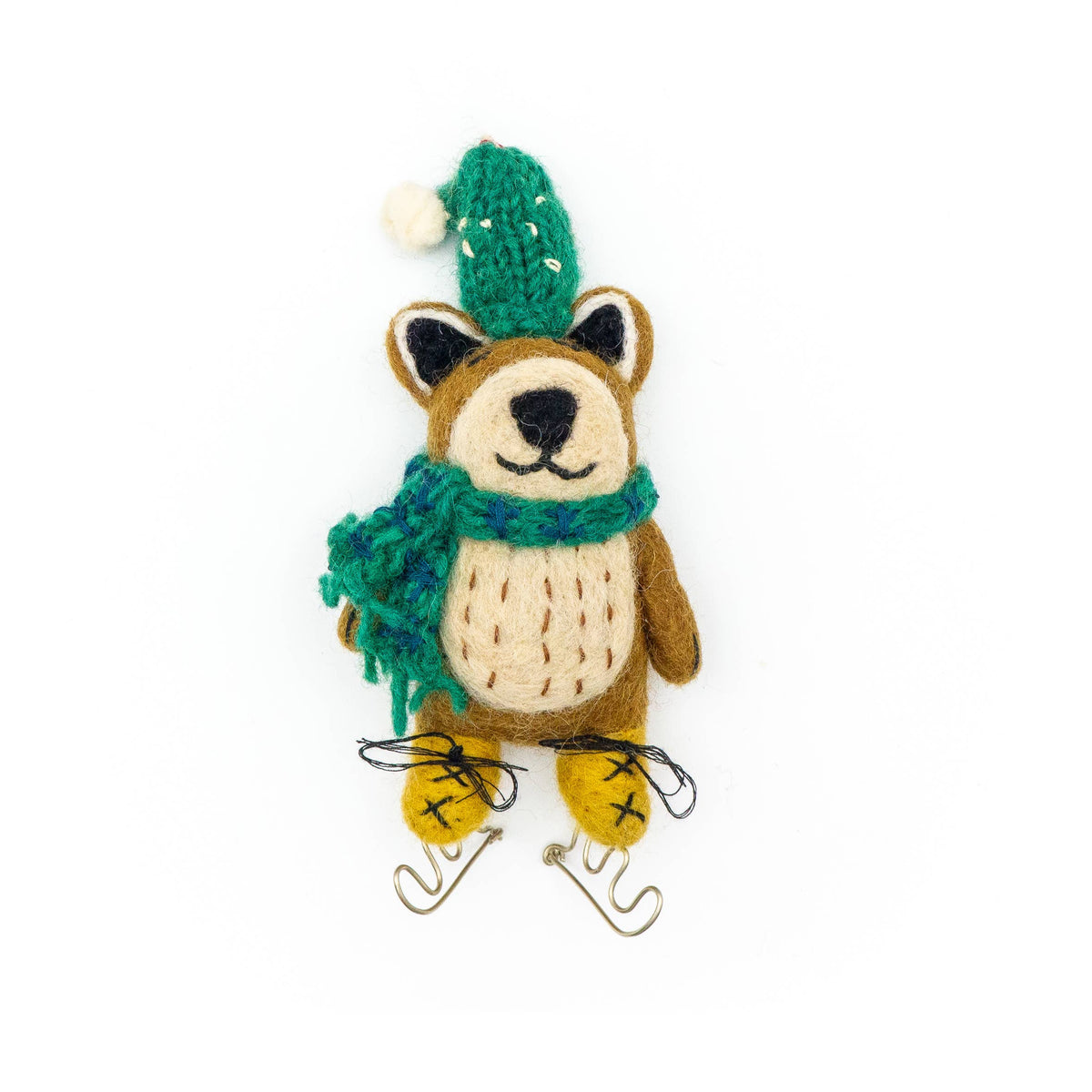Felt Wool Holiday Eco Ornament - Brown Bear on Skates