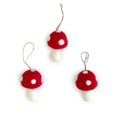 Red Toadstool Mushroom Holiday Eco Wool Ornament - Set of 3: With Bag