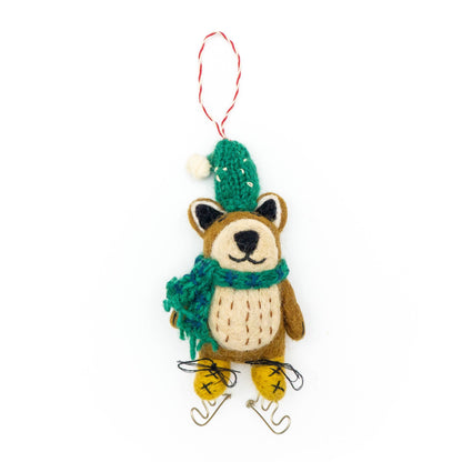 Felt Wool Holiday Eco Ornament - Brown Bear on Skates