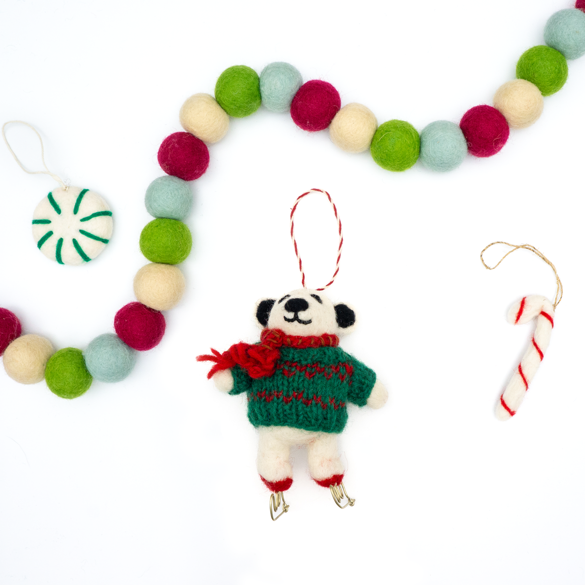 Felt Wool Holiday Ornament - Skating Polar Bear